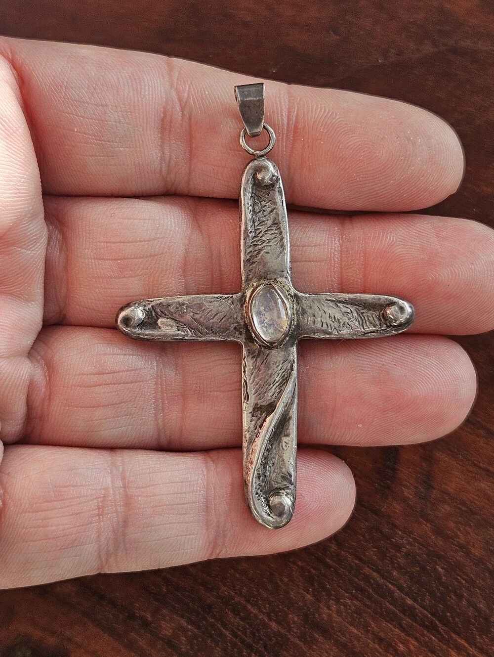 Vintage Handmade Sterling Silver Cross Pendant Rainbow Moonstone Cabochon